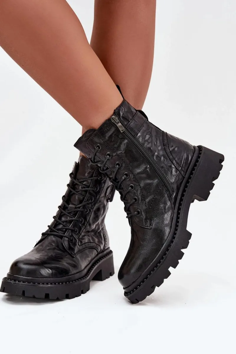 Outlet Skórzane Botki Damskie Z Efektem Marszczenia I Klamrą 57C1008 Czarne Damskie Botki Ocieplane|Botki Skórzane