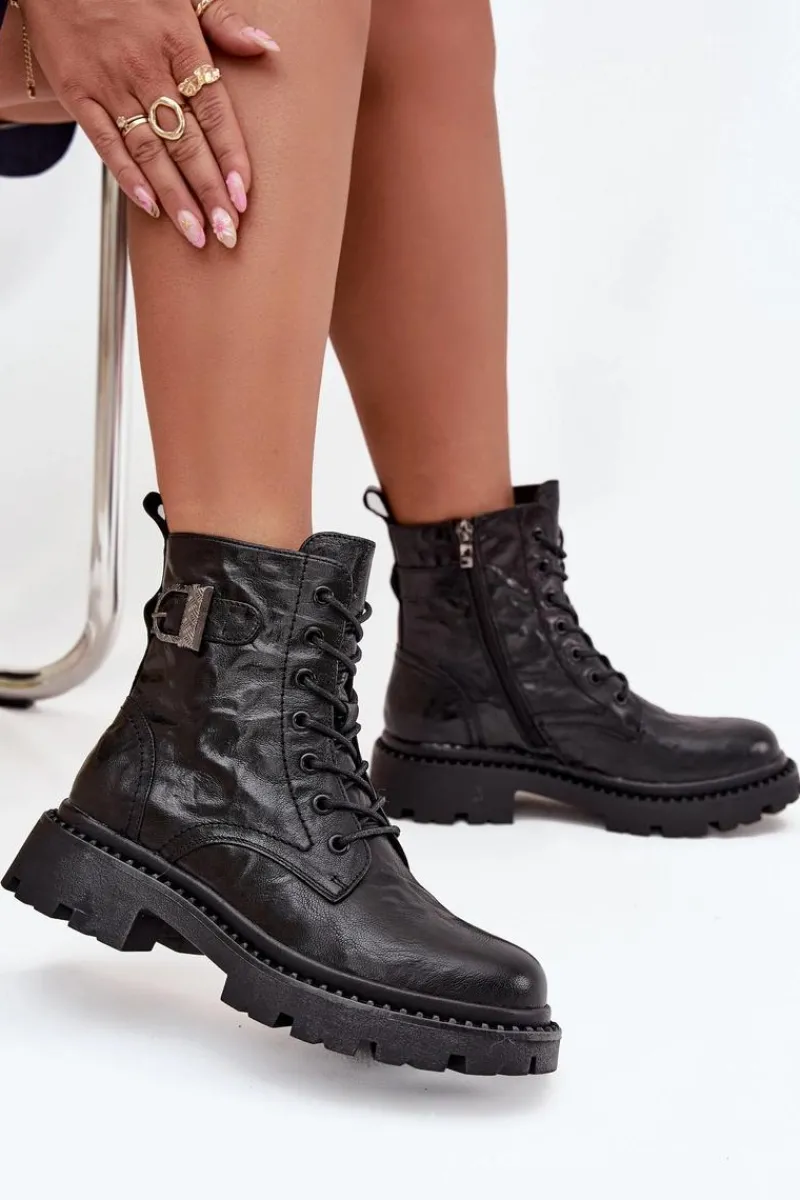 Outlet Skórzane Botki Damskie Z Efektem Marszczenia I Klamrą 57C1008 Czarne Damskie Botki Ocieplane|Botki Skórzane