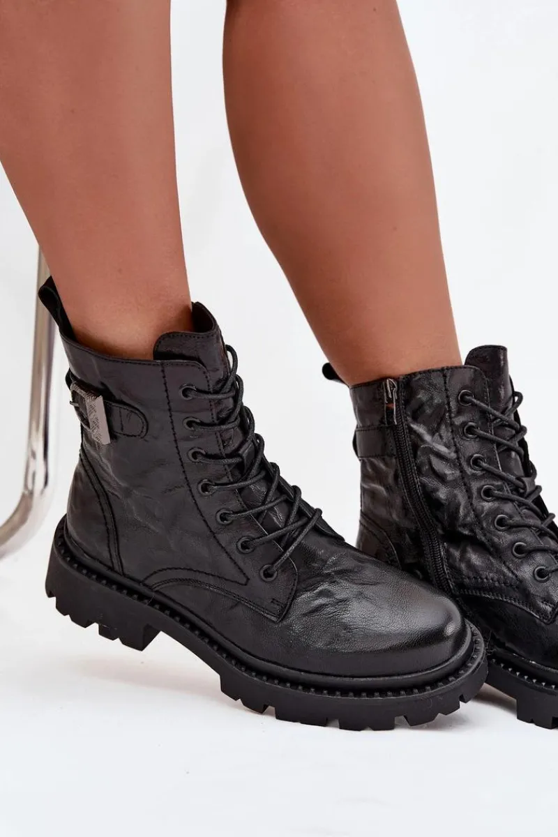 Outlet Skórzane Botki Damskie Z Efektem Marszczenia I Klamrą 57C1008 Czarne Damskie Botki Ocieplane|Botki Skórzane