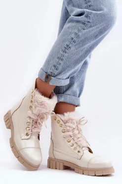 Best Boto Skórzane Botki Damskie Z Futerkiem Jasnobeżowe Lewski 3296