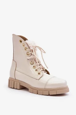 Best Boto Skórzane Botki Damskie Z Futerkiem Jasnobeżowe Lewski 3296