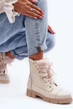 Best Boto Skórzane Botki Damskie Z Futerkiem Jasnobeżowe Lewski 3296