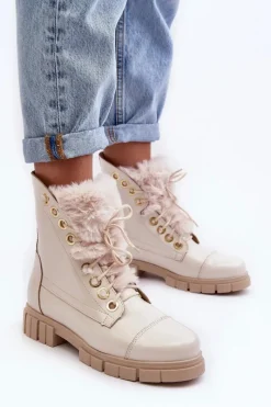 Best Boto Skórzane Botki Damskie Z Futerkiem Jasnobeżowe Lewski 3296