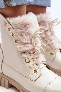 Best Boto Skórzane Botki Damskie Z Futerkiem Jasnobeżowe Lewski 3296