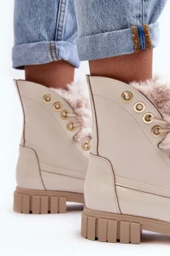 Best Boto Skórzane Botki Damskie Z Futerkiem Jasnobeżowe Lewski 3296