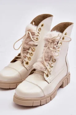 Best Boto Skórzane Botki Damskie Z Futerkiem Jasnobeżowe Lewski 3296