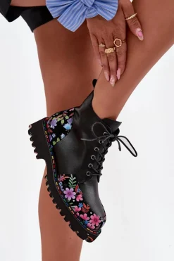 Hot Skórzane Botki Damskie Z Kwiatkami Ocieplane 57C0180 Czarne Damskie Botki Ocieplane|Botki Skórzane