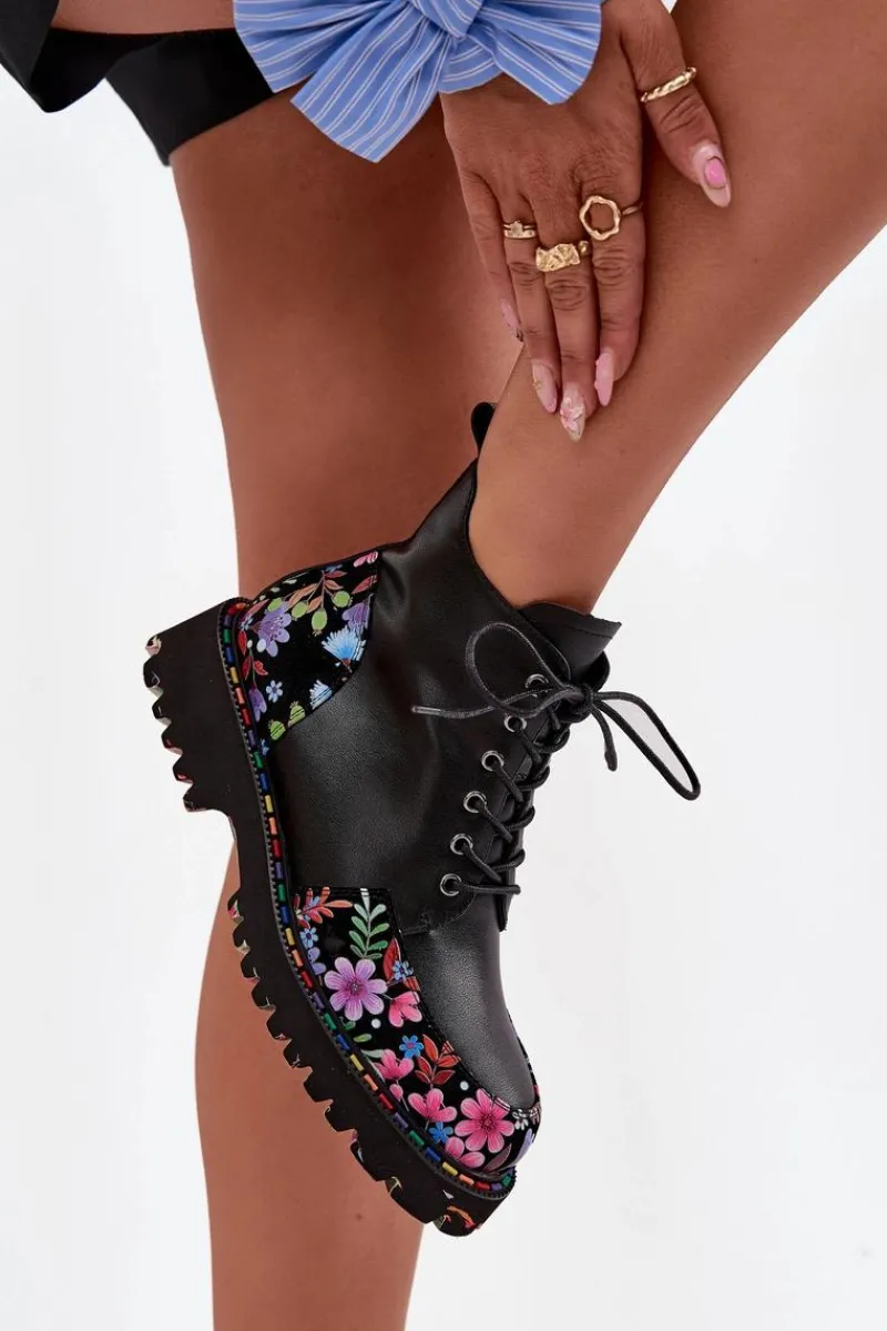 Hot Skórzane Botki Damskie Z Kwiatkami Ocieplane 57C0180 Czarne Damskie Botki Ocieplane|Botki Skórzane