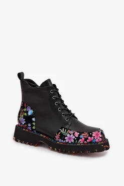 Hot Skórzane Botki Damskie Z Kwiatkami Ocieplane 57C0180 Czarne Damskie Botki Ocieplane|Botki Skórzane