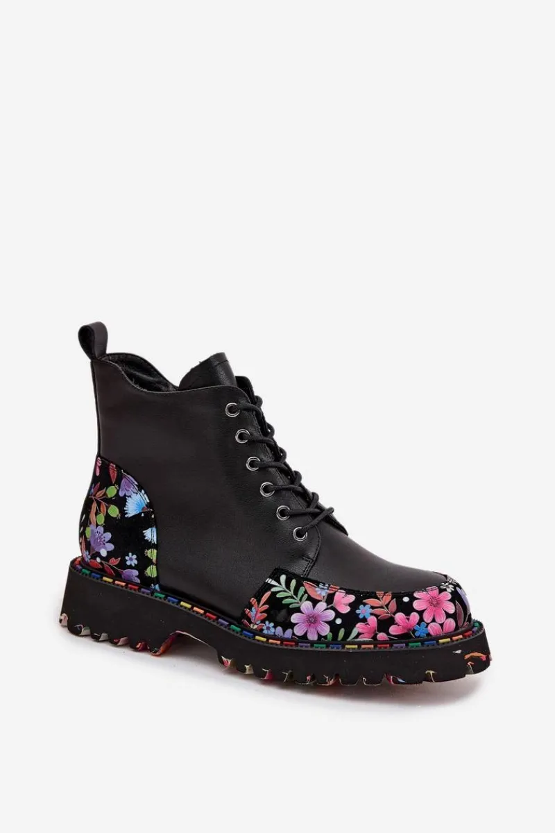 Hot Skórzane Botki Damskie Z Kwiatkami Ocieplane 57C0180 Czarne Damskie Botki Ocieplane|Botki Skórzane
