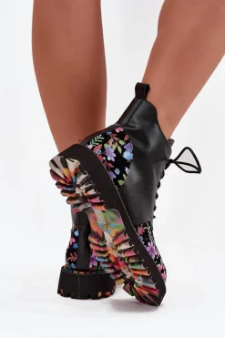 Hot Skórzane Botki Damskie Z Kwiatkami Ocieplane 57C0180 Czarne Damskie Botki Ocieplane|Botki Skórzane