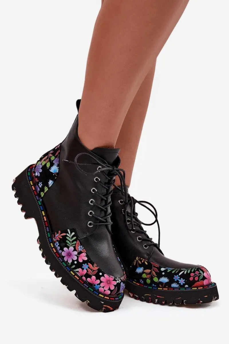 Hot Skórzane Botki Damskie Z Kwiatkami Ocieplane 57C0180 Czarne Damskie Botki Ocieplane|Botki Skórzane
