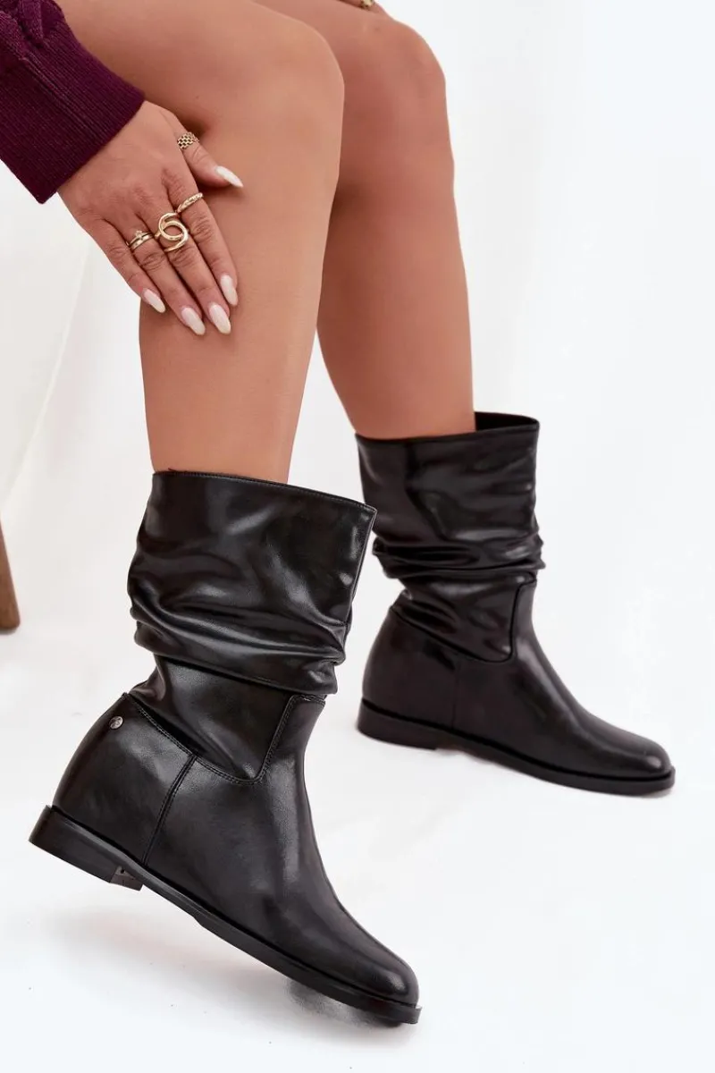 Clearance Maciejka Skórzane Botki Damskie Z Marszczeniem Ocieplane K7211-01 Czarne Czarny