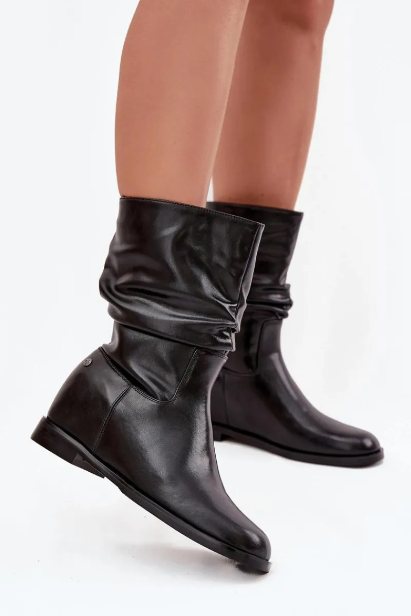 Clearance Maciejka Skórzane Botki Damskie Z Marszczeniem Ocieplane K7211-01 Czarne Czarny