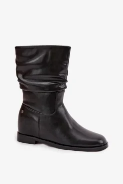 Clearance Maciejka Skórzane Botki Damskie Z Marszczeniem Ocieplane K7211-01 Czarne Czarny