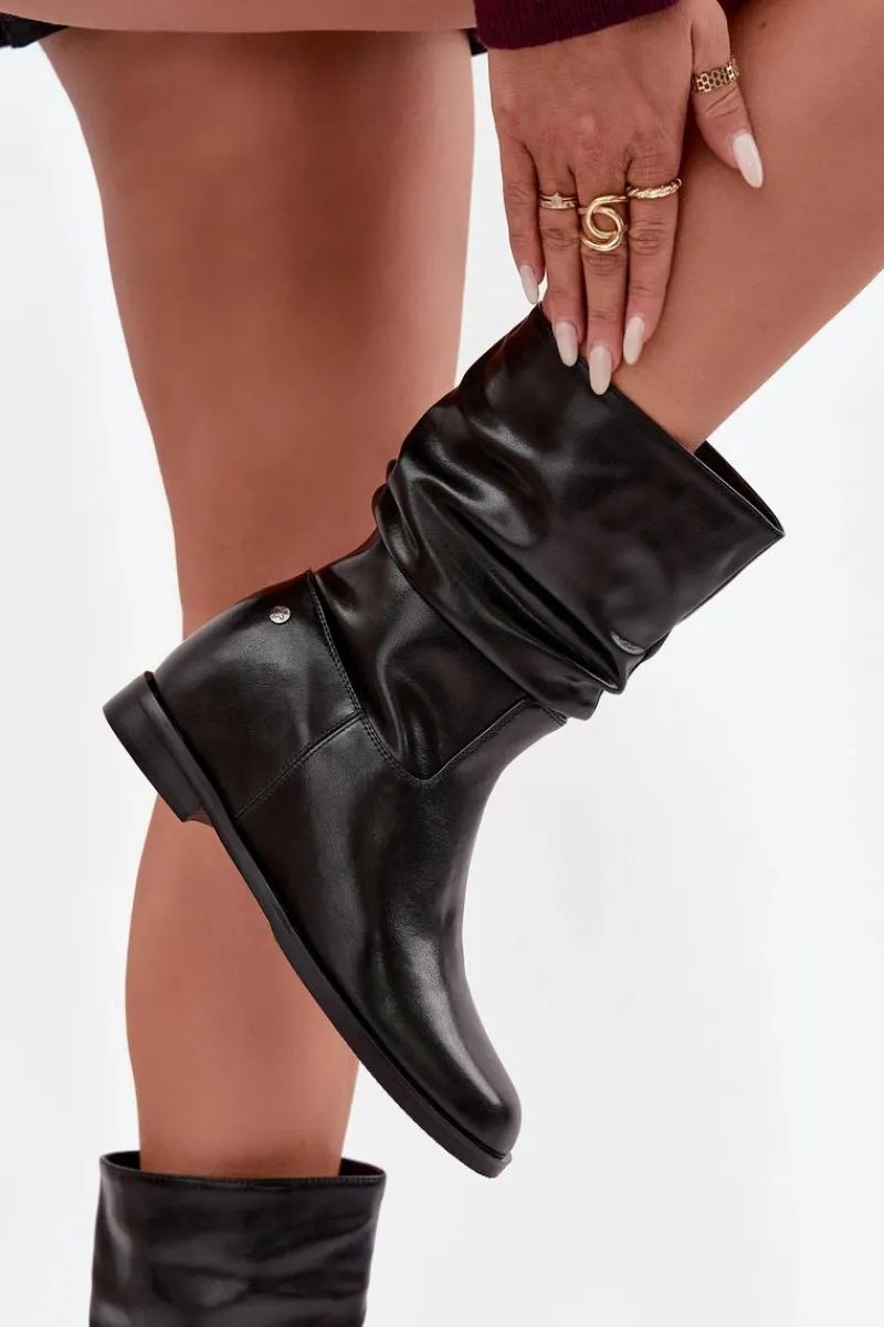 Clearance Maciejka Skórzane Botki Damskie Z Marszczeniem Ocieplane K7211-01 Czarne Czarny