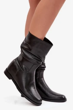 Clearance Maciejka Skórzane Botki Damskie Z Marszczeniem Ocieplane K7211-01 Czarne Czarny