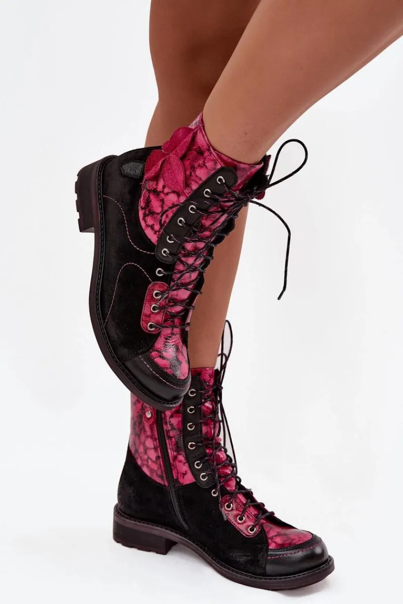 Botki Ocieplane|Botki Maciejka>Maciejka Skórzane Botki Damskie Z Naturalnej Skóry Na Płaskim Obcasie 07004-23 Czarno-Różowe