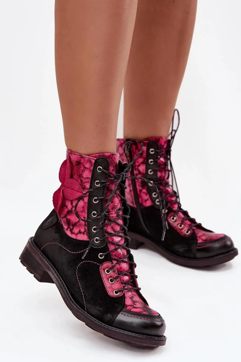 Botki Ocieplane|Botki Maciejka>Maciejka Skórzane Botki Damskie Z Naturalnej Skóry Na Płaskim Obcasie 07004-23 Czarno-Różowe