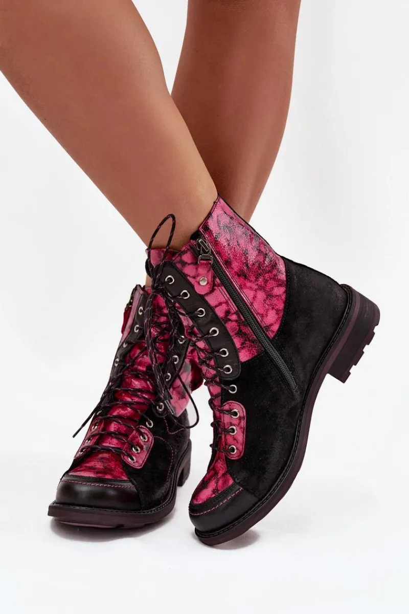 Botki Ocieplane|Botki Maciejka>Maciejka Skórzane Botki Damskie Z Naturalnej Skóry Na Płaskim Obcasie 07004-23 Czarno-Różowe