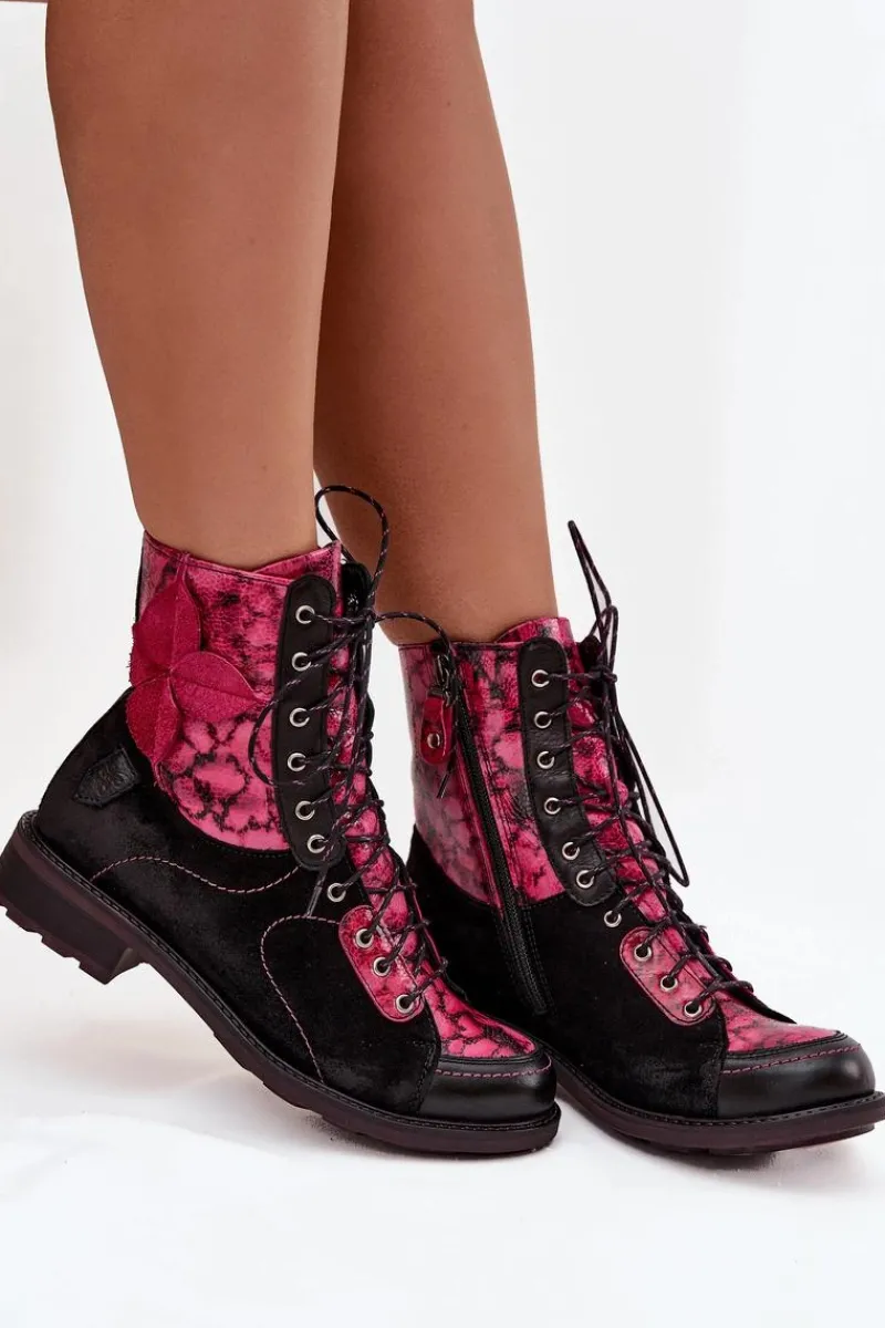 Botki Ocieplane|Botki Maciejka>Maciejka Skórzane Botki Damskie Z Naturalnej Skóry Na Płaskim Obcasie 07004-23 Czarno-Różowe