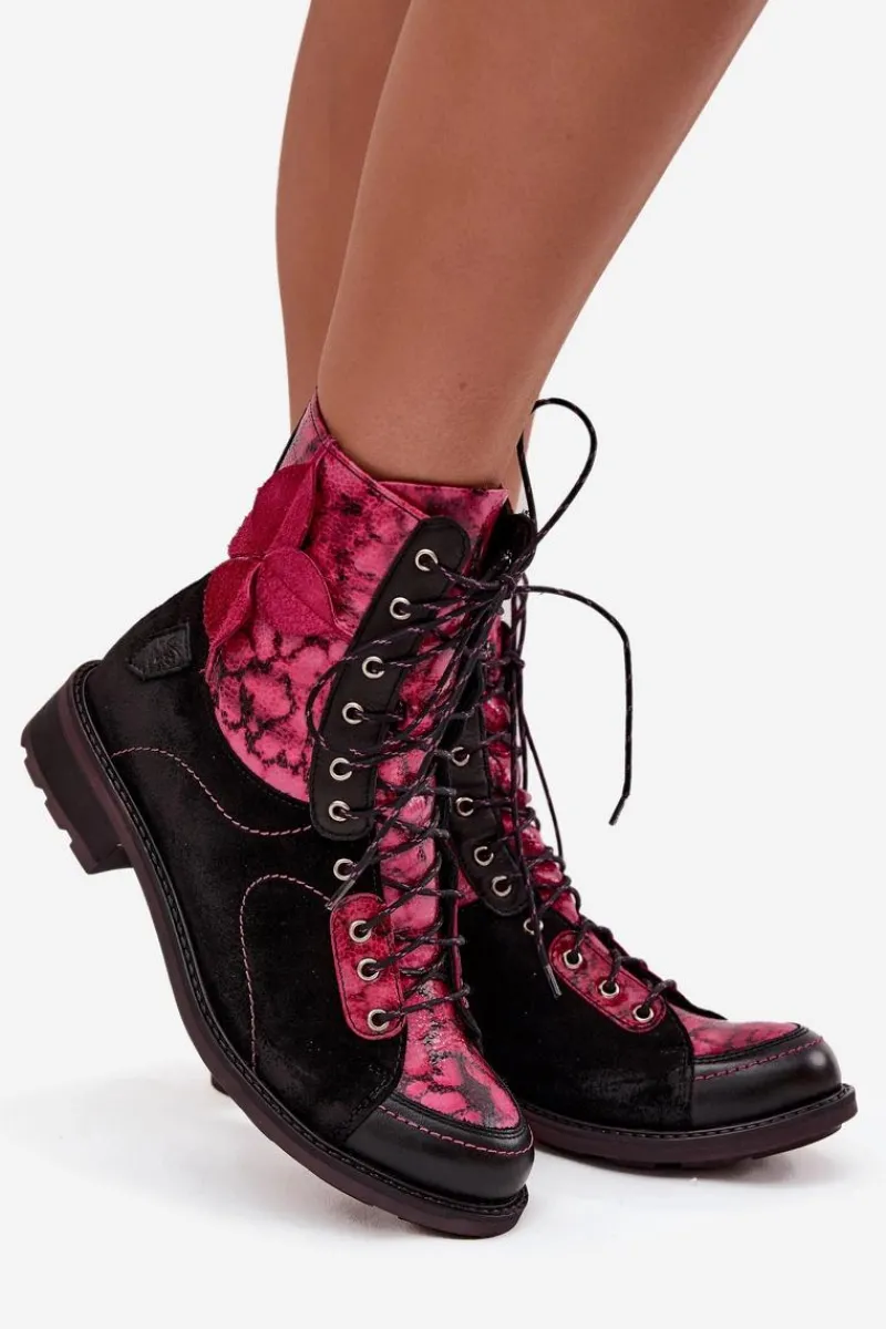 Botki Ocieplane|Botki Maciejka>Maciejka Skórzane Botki Damskie Z Naturalnej Skóry Na Płaskim Obcasie 07004-23 Czarno-Różowe
