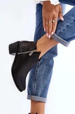 Online Boto Skórzane Botki Damskie Z Niską Cholewką Na Słupku Z Suwakami Czarne Annaja