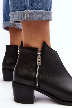 Online Boto Skórzane Botki Damskie Z Niską Cholewką Na Słupku Z Suwakami Czarne Annaja