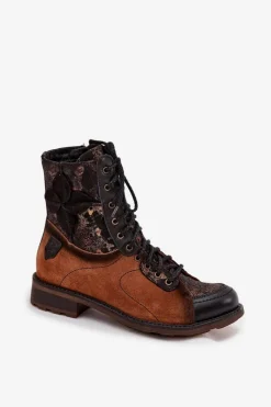 Sale Maciejka Skórzane Botki Damskie Z Naturalnej Skóry Na Płaskim Obcasie 07004-29 Camel