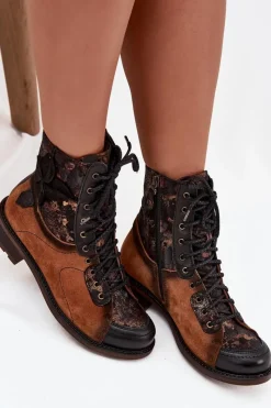 Sale Maciejka Skórzane Botki Damskie Z Naturalnej Skóry Na Płaskim Obcasie 07004-29 Camel