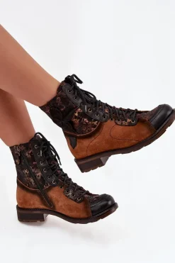 Sale Maciejka Skórzane Botki Damskie Z Naturalnej Skóry Na Płaskim Obcasie 07004-29 Camel