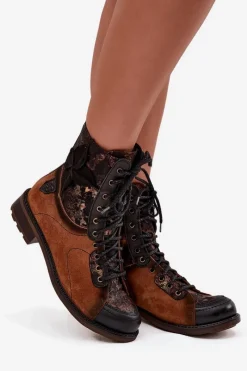 Sale Maciejka Skórzane Botki Damskie Z Naturalnej Skóry Na Płaskim Obcasie 07004-29 Camel