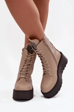 Sale Skórzane Botki Damskie Z Ozdobą Ocieplane Beżowe Ulrika Damskie Botki Ocieplane|Botki Skórzane