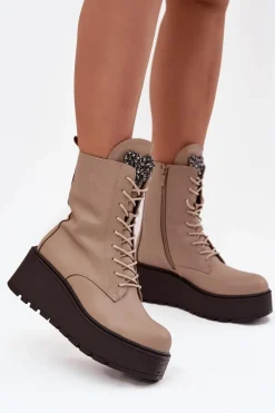 Sale Skórzane Botki Damskie Z Ozdobą Ocieplane Beżowe Ulrika Damskie Botki Ocieplane|Botki Skórzane