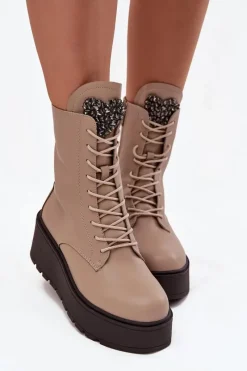 Sale Skórzane Botki Damskie Z Ozdobą Ocieplane Beżowe Ulrika Damskie Botki Ocieplane|Botki Skórzane