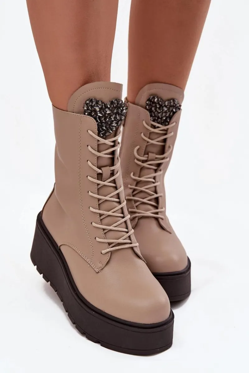 Sale Skórzane Botki Damskie Z Ozdobą Ocieplane Beżowe Ulrika Damskie Botki Ocieplane|Botki Skórzane