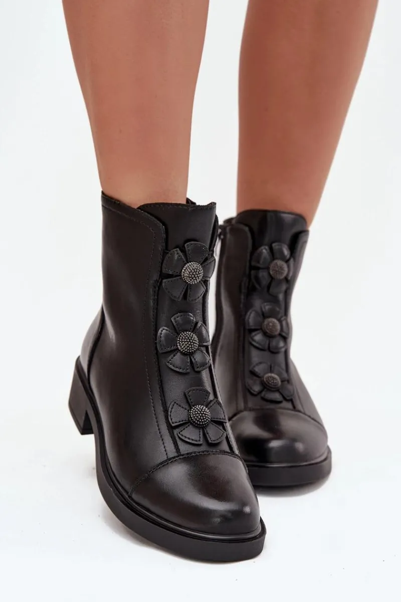 Outlet Skórzane Botki Damskie Z Ozdobnymi Kwiatkami Ocieplane Czarne Belverine Damskie Botki Ocieplane|Czarne Botki