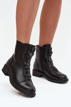 Outlet Skórzane Botki Damskie Z Ozdobnymi Kwiatkami Ocieplane Czarne Belverine Damskie Botki Ocieplane|Czarne Botki