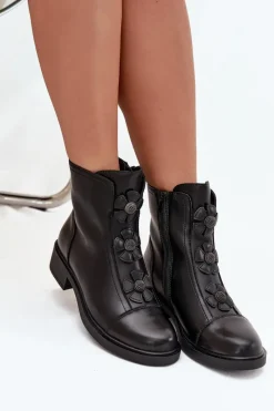 Outlet Skórzane Botki Damskie Z Ozdobnymi Kwiatkami Ocieplane Czarne Belverine Damskie Botki Ocieplane|Czarne Botki