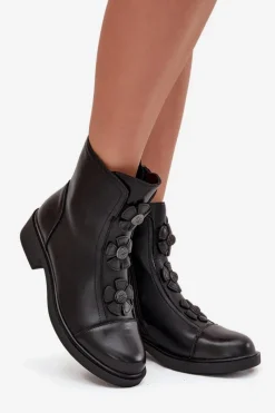 Outlet Skórzane Botki Damskie Z Ozdobnymi Kwiatkami Ocieplane Czarne Belverine Damskie Botki Ocieplane|Czarne Botki