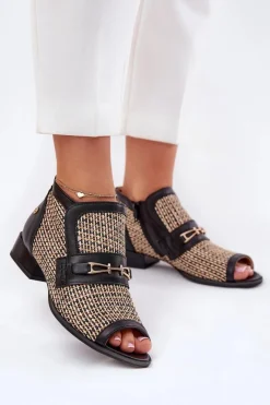 Online Maciejka Skórzane Botki Damskie Z Odkrytymi Palcami 06934-39/00-1 Czarno-Beżowe