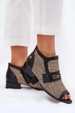 Online Maciejka Skórzane Botki Damskie Z Odkrytymi Palcami 06934-39/00-1 Czarno-Beżowe
