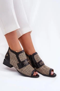 Online Maciejka Skórzane Botki Damskie Z Odkrytymi Palcami 06934-39/00-1 Czarno-Beżowe