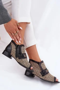 Online Maciejka Skórzane Botki Damskie Z Odkrytymi Palcami 06934-39/00-1 Czarno-Beżowe