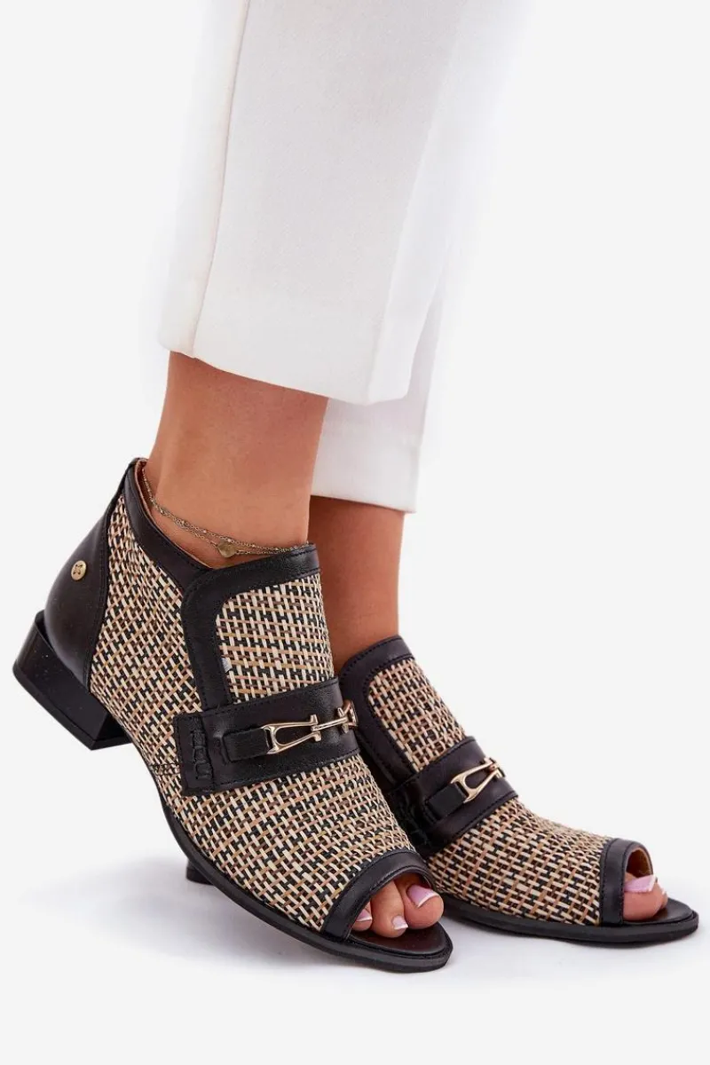 Online Maciejka Skórzane Botki Damskie Z Odkrytymi Palcami 06934-39/00-1 Czarno-Beżowe