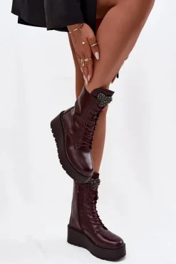 Botki Ocieplane|Botki Skórzane>Boto Skórzane Botki Damskie Z Ozdobą Ocieplane Bordowe Ulrika Czerwony