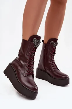 Botki Ocieplane|Botki Skórzane>Boto Skórzane Botki Damskie Z Ozdobą Ocieplane Bordowe Ulrika Czerwony