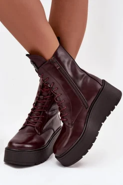 Botki Ocieplane|Botki Skórzane></noscript>Boto Skórzane Botki Damskie Z Ozdobą Ocieplane Bordowe Ulrika Czerwony