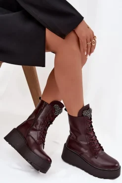 Botki Ocieplane|Botki Skórzane></noscript>Boto Skórzane Botki Damskie Z Ozdobą Ocieplane Bordowe Ulrika Czerwony