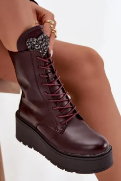 Botki Ocieplane|Botki Skórzane></noscript>Boto Skórzane Botki Damskie Z Ozdobą Ocieplane Bordowe Ulrika Czerwony